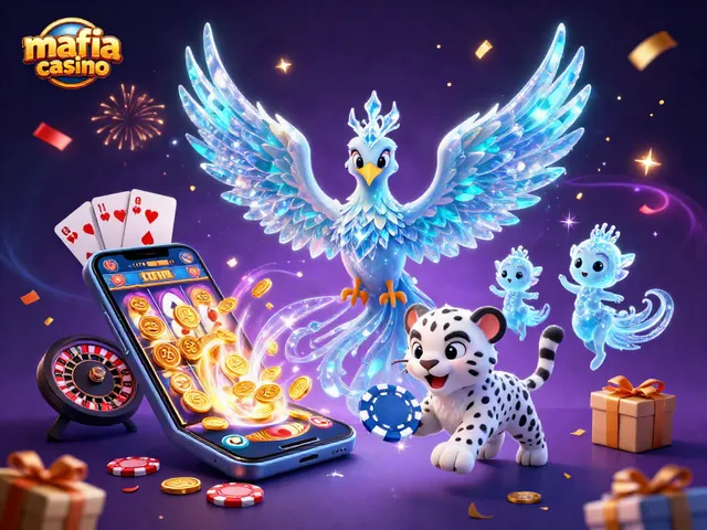 Mafia casino visualization with an ice phoenix, snow leopard, and vibrant gaming elements