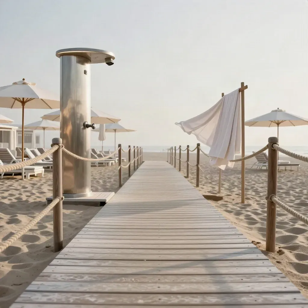 Accesso ordinato al lido con passerella, ombrelloni bianchi e doccia visto dalla sabbia.
