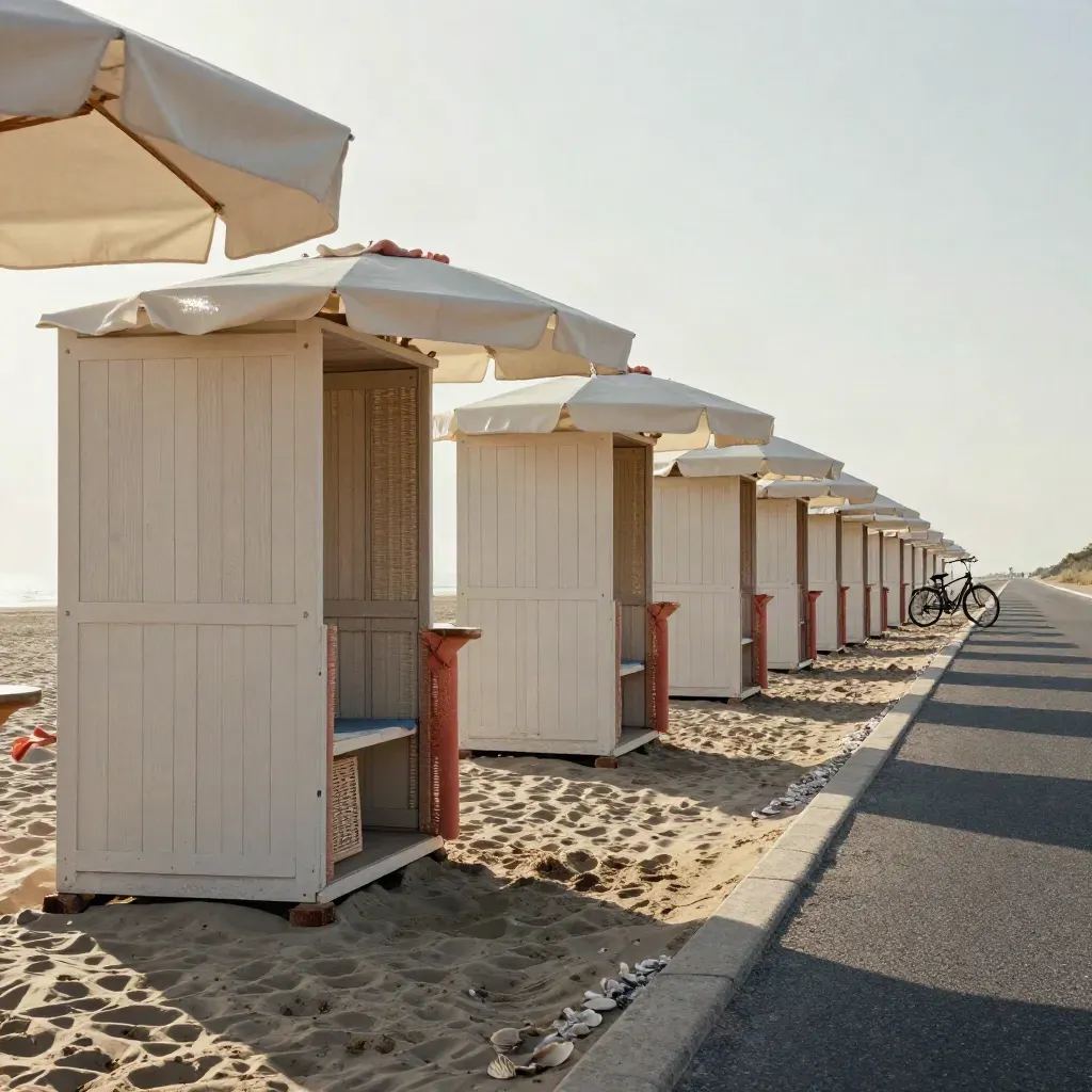 Ombrelloni ordinati, cabine e pista bici sulla Riviera romagnola, visti bassi dalla sabbia.