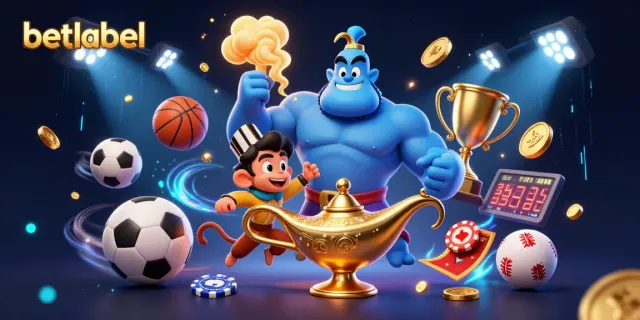 Engage with betlabel's energetic gaming experience featuring a genie, monkey, and dynamic sports elements.